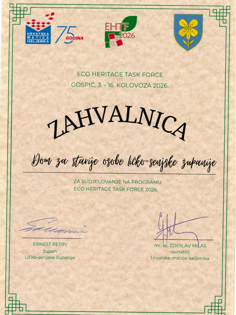 Zahvalnica - ECO HERITAGE TASK FORCE